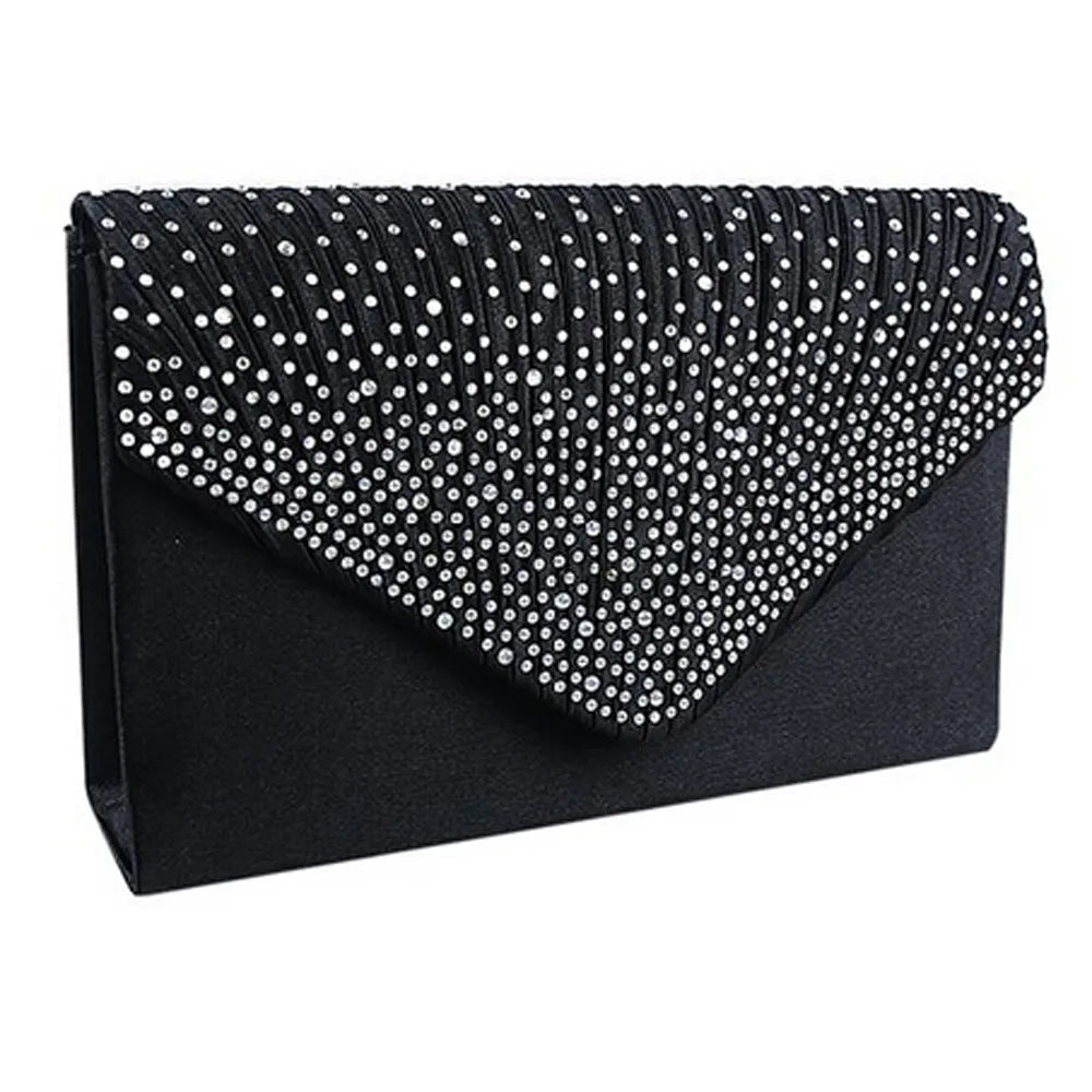 Ladies Satin Clutches Crystal Bling Handbags Wedding Party Purse