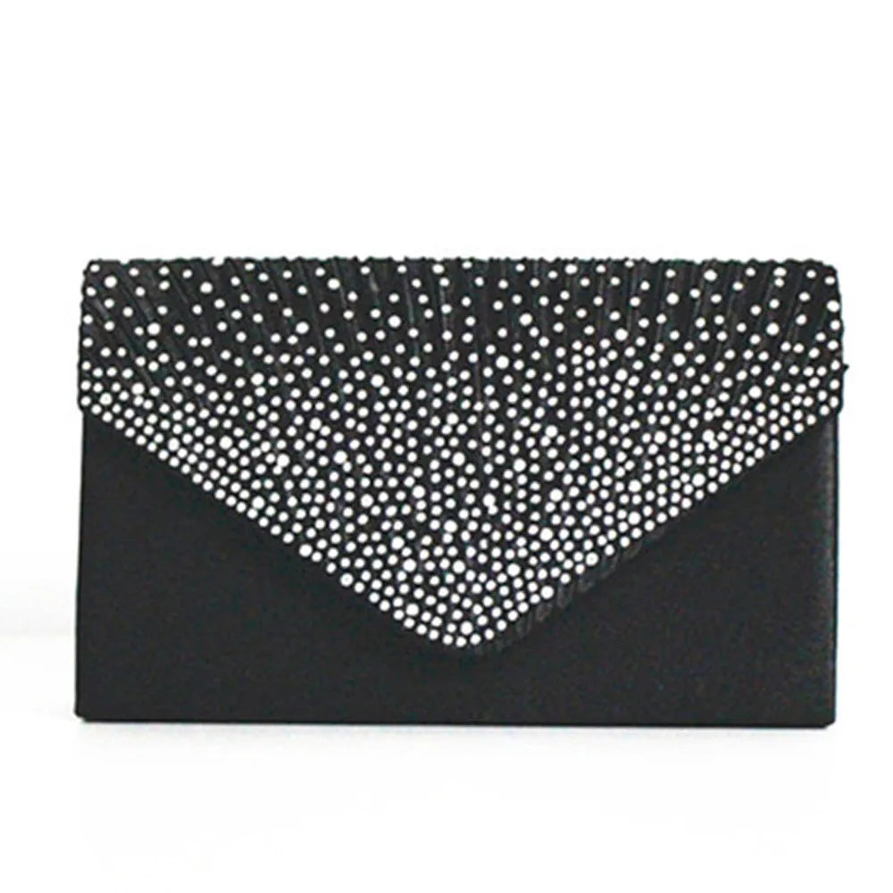 Ladies Satin Clutches Crystal Bling Handbags Wedding Party Purse