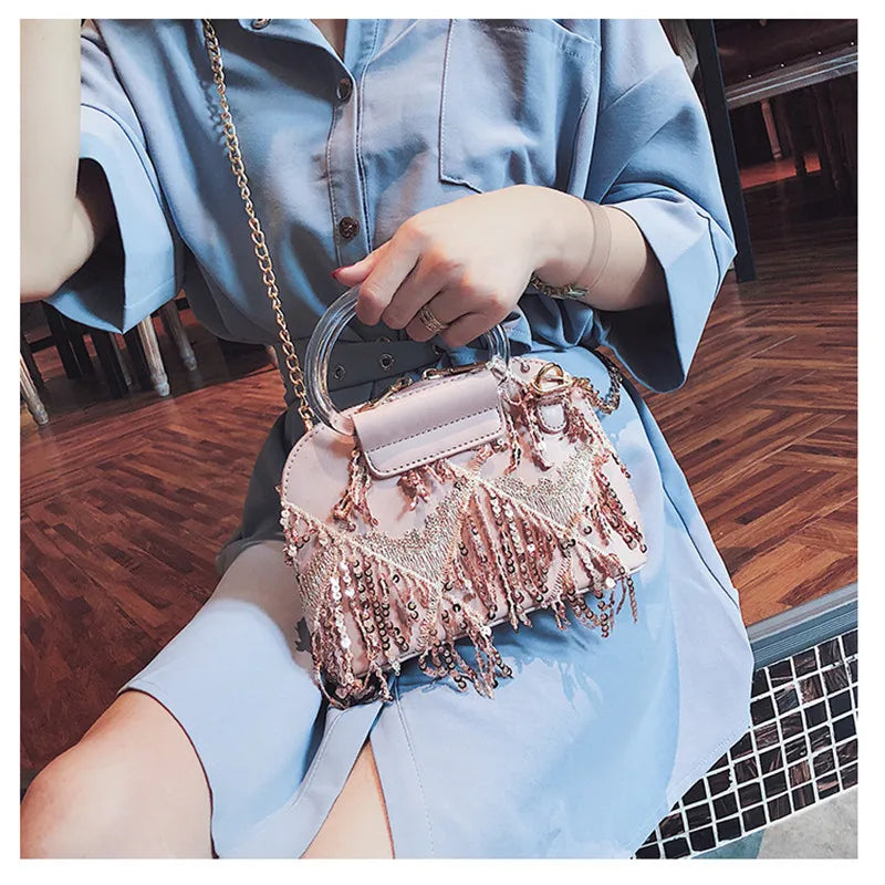 Sequins Crossbody Bag For Women Small Shoulder Messenger Bag with Tassel