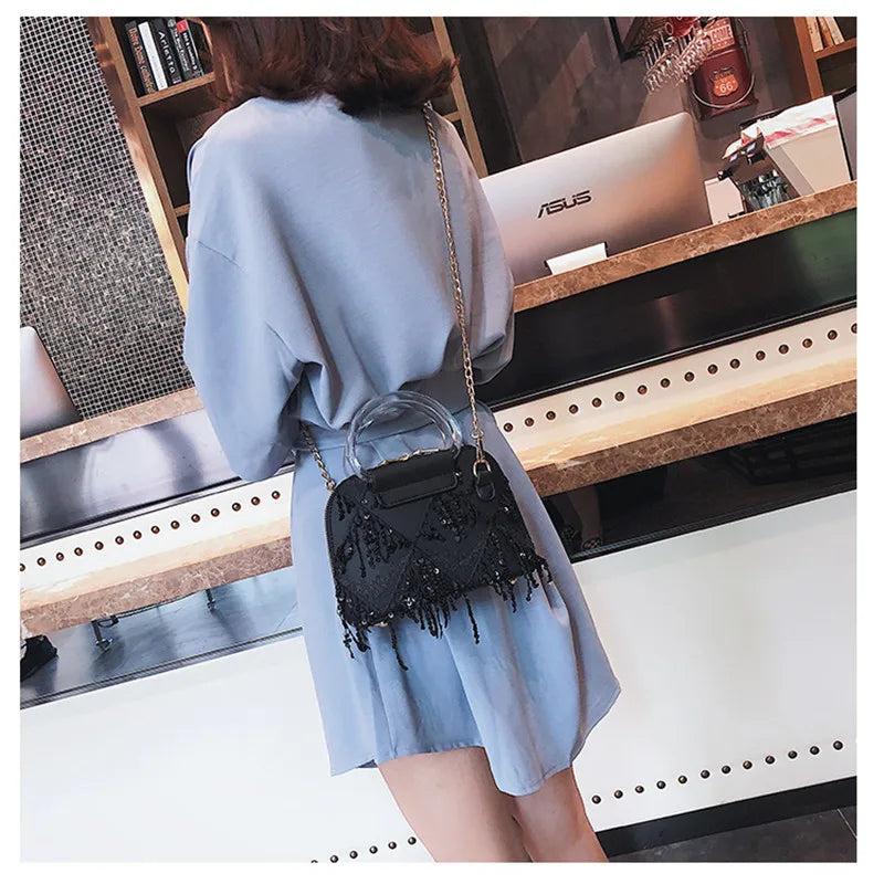 Sequins Crossbody Bag For Women Small Shoulder Messenger Bag with Tassel