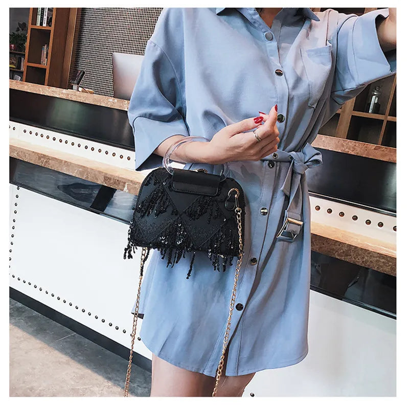 Sequins Crossbody Bag For Women Small Shoulder Messenger Bag with Tassel