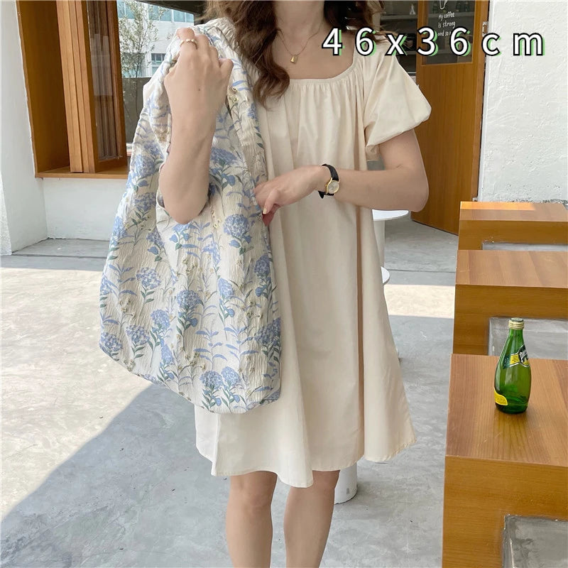 Vintage Canvas Shoulder Bag Flowers Jacquard Cotton Fabric Grocery Handbag