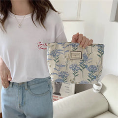 Vintage Canvas Shoulder Bag Flowers Jacquard Cotton Fabric Grocery Handbag