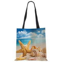 Ocean Starfish Beach Sand Prints Tote Bag Linen Fabric Handbag