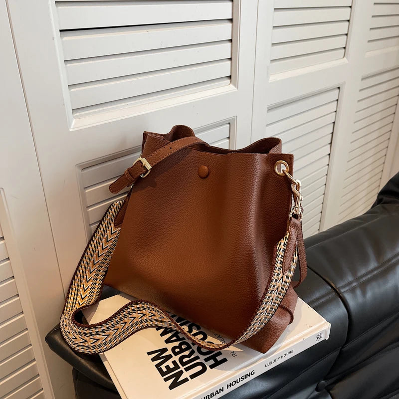 Large Casual Bucket Leather Shoulder Bag Wide Straps Messenger Bag