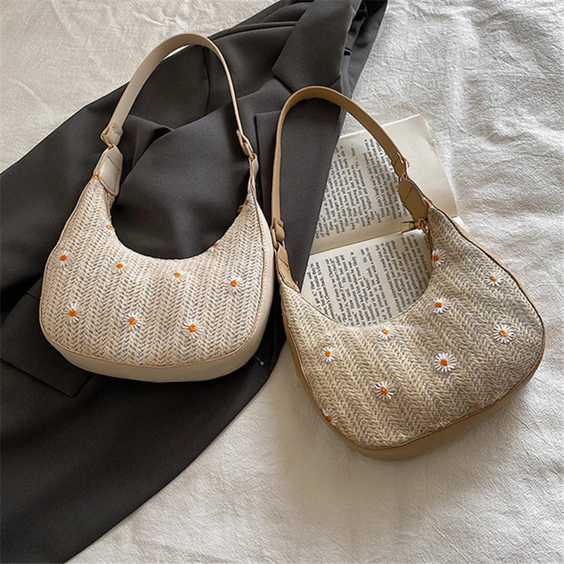 Summer Straw Leather Belt Woven Handbags for Women