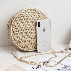 Summer Straw Woven Crossbody Bag Round Shoulder Chains Circle Beach Handbag