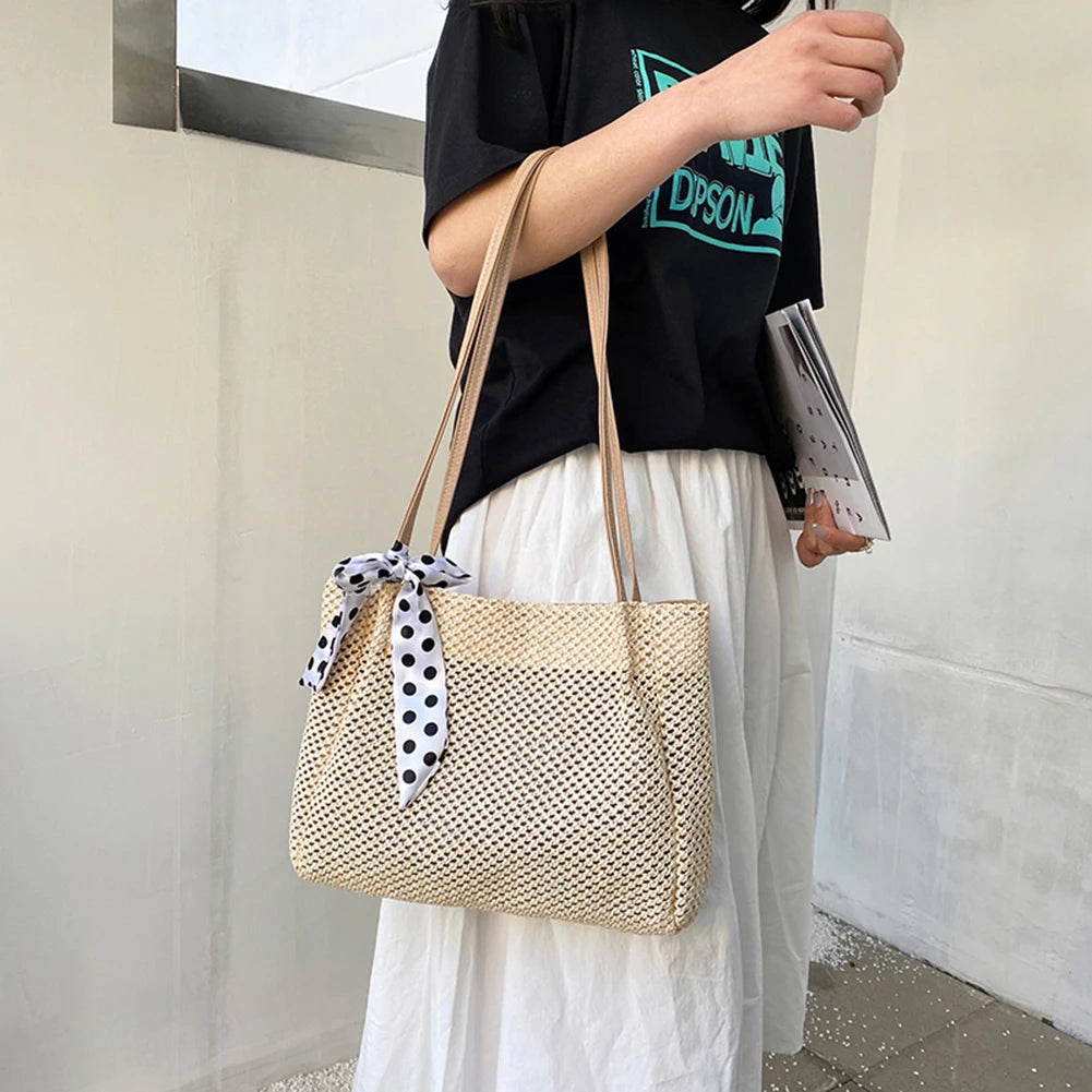 Women's Summer Top-handle Straw Handbag with Silk Ribbon