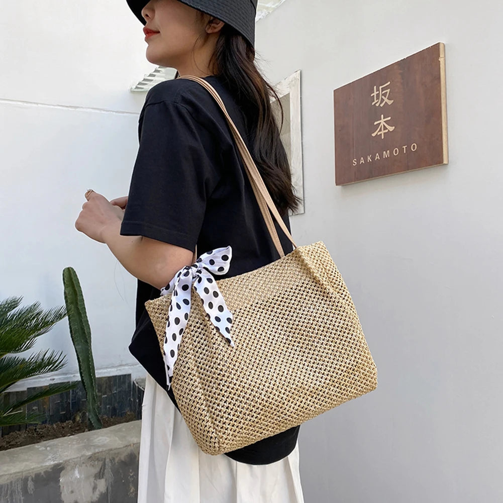 Women's Summer Top-handle Straw Handbag with Silk Ribbon