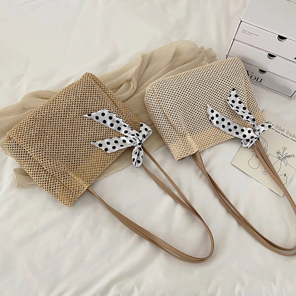 Women's Summer Top-handle Straw Handbag with Silk Ribbon