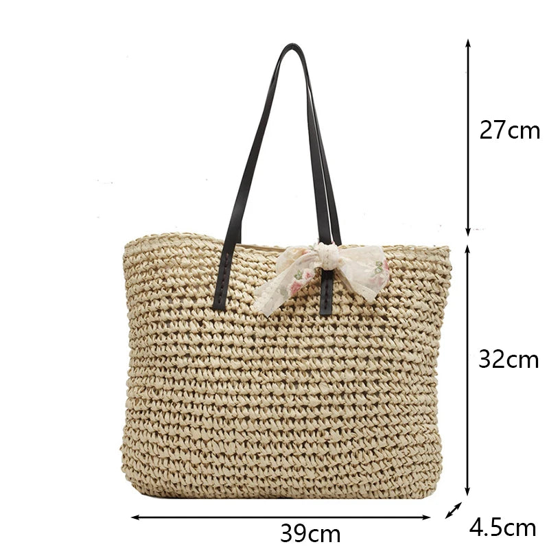 Vintage Woven Straw Tote Handbag with Silk Ribbon - Large Capacity