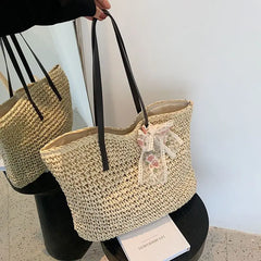 Vintage Woven Straw Tote Handbag with Silk Ribbon - Large Capacity