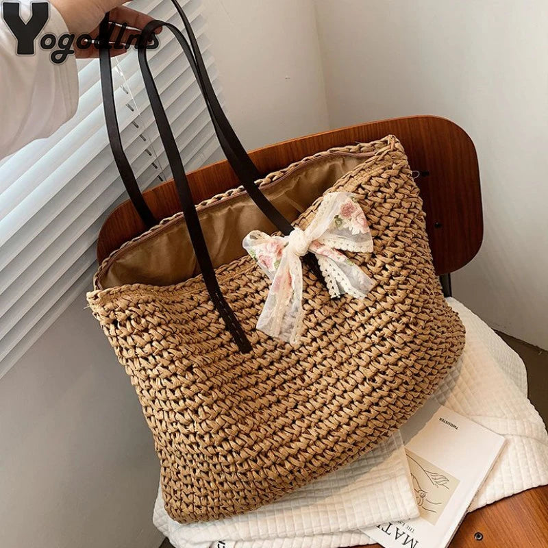 Vintage Woven Straw Tote Handbag with Silk Ribbon - Large Capacity