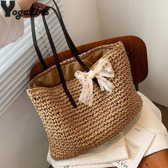 Vintage Woven Straw Tote Handbag with Silk Ribbon - Large Capacity