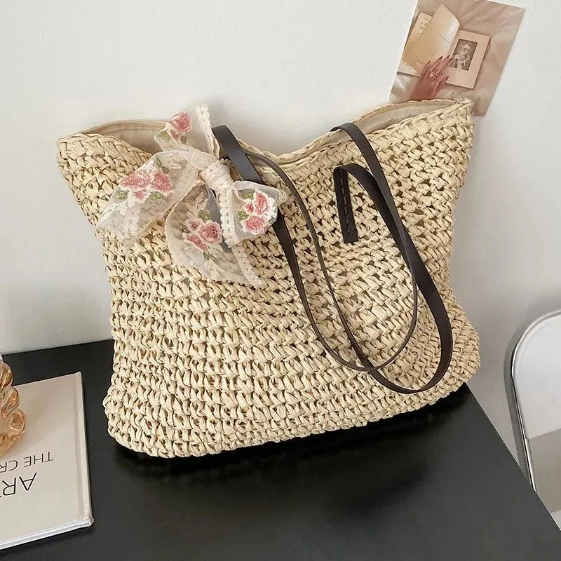 Vintage Woven Straw Tote Handbag with Silk Ribbon - Large Capacity