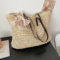 Vintage Woven Straw Tote Handbag with Silk Ribbon - Large Capacity
