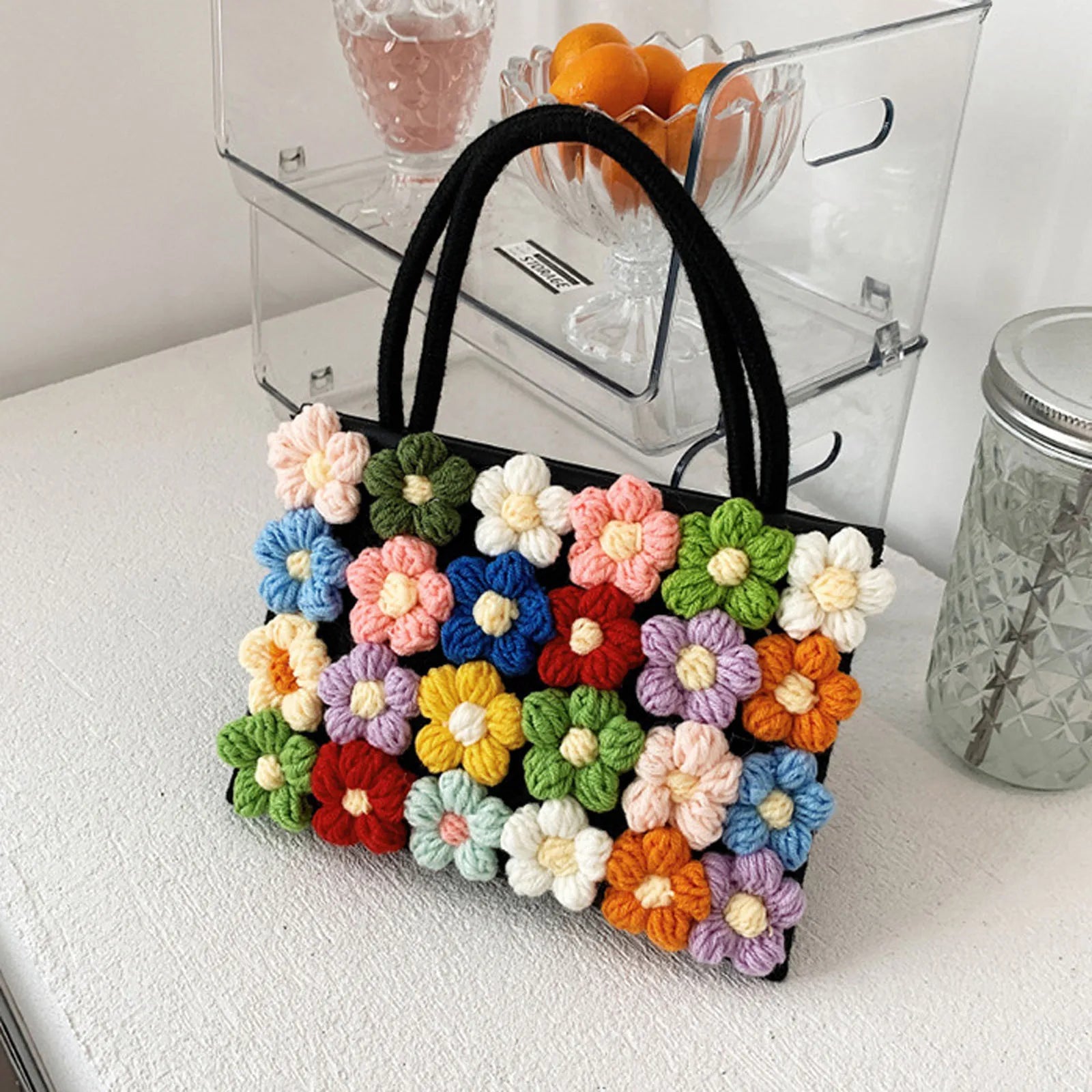 Bohemian Style Shoulder Bag with Colorful Flower Decor