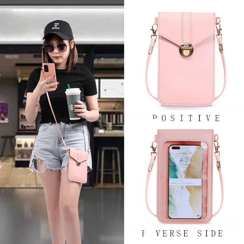 Women's Touch Screen Mobile Wallet Handbag PU Leather Strap Bag
