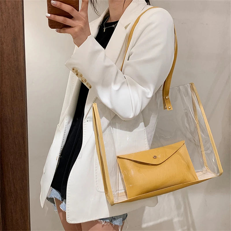 Ladies Transparent PVC Shopping Bag + Pu Shoulder Bag Large Capacity