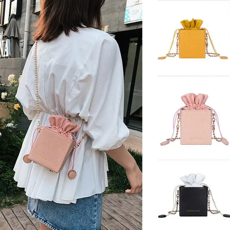 Women's Drawstring Bucket Crossbody Bag with Chain Strap