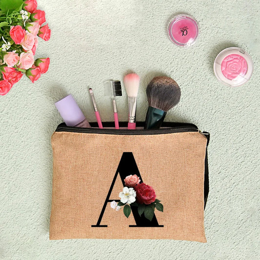 Linen Clutch Bag Letter Print Wristlet Travel Cosmetic Case Makeup Bag