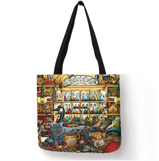 Cartoon Cat Tote Bag Waterproof Canvas Shopping Handbag
