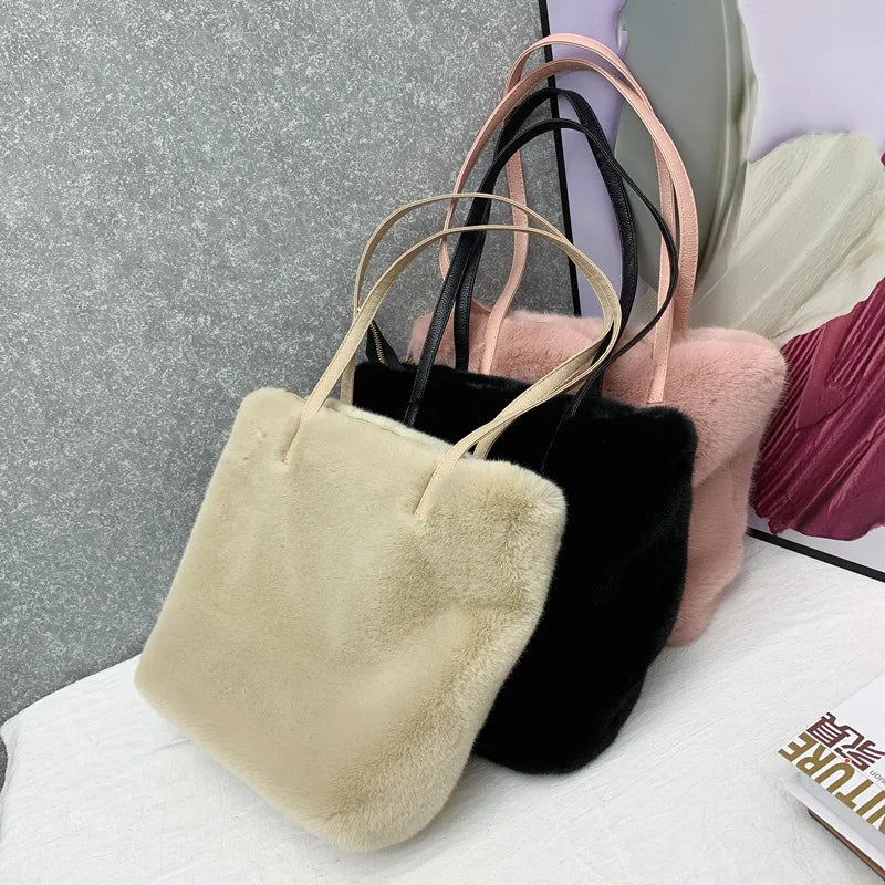 Large Capacity Ladies Handbag Warm Tote Bag Purse Soft Plush Shoulder Bag