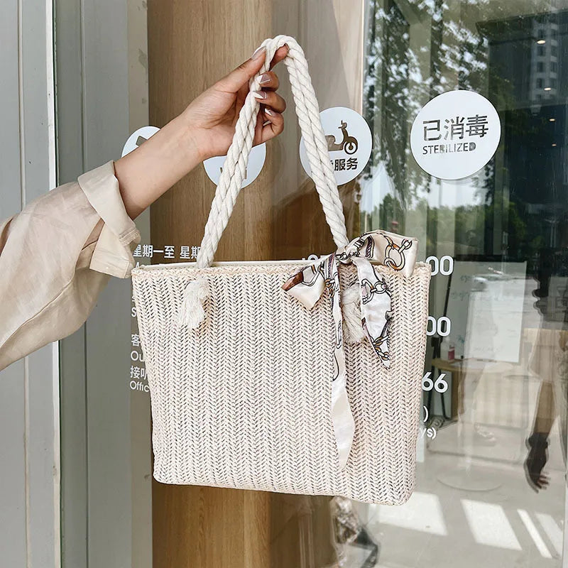 Large Straw Woven Shoulder Bag with Silk Scarf for Women
