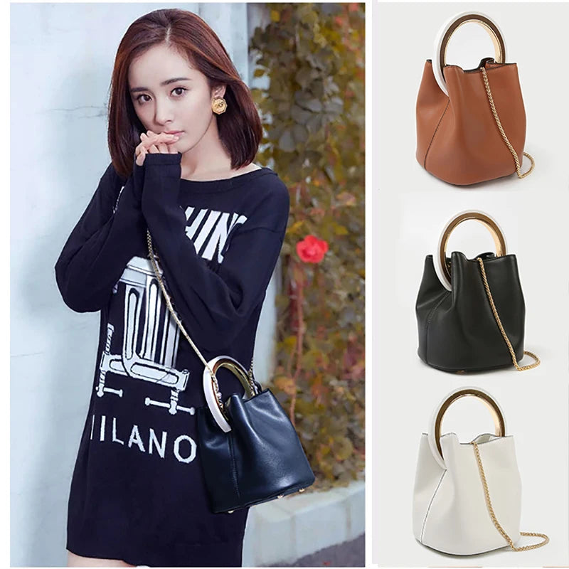 Vintage Chains Crossbody Handbag Women Ring Bucket Bag
