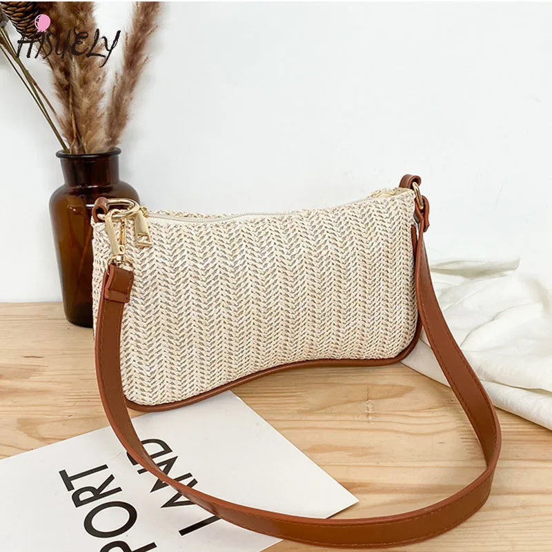 Straw Woven Shoulder Bag for Women Solid Texture Casual All-Match Underarm Bag