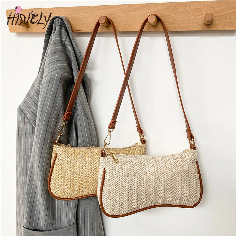 Straw Woven Shoulder Bag for Women Solid Texture Casual All-Match Underarm Bag