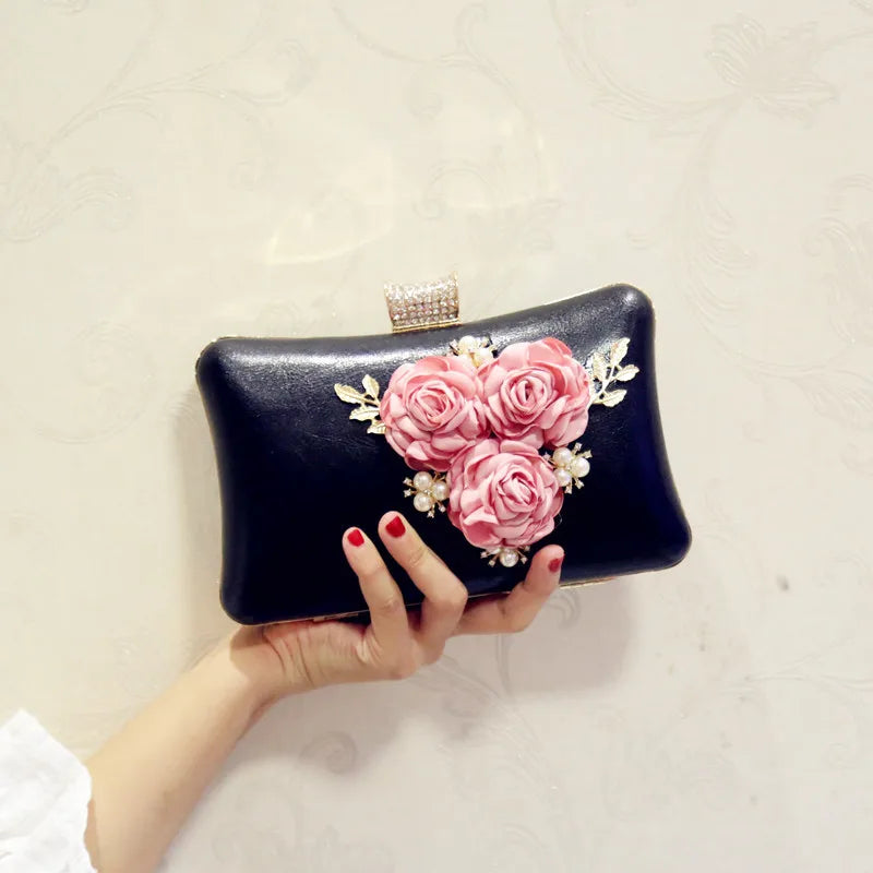 Diamonds Sequined Leaf Clutch Evening Bag with Chain Shoulder Flower Hand