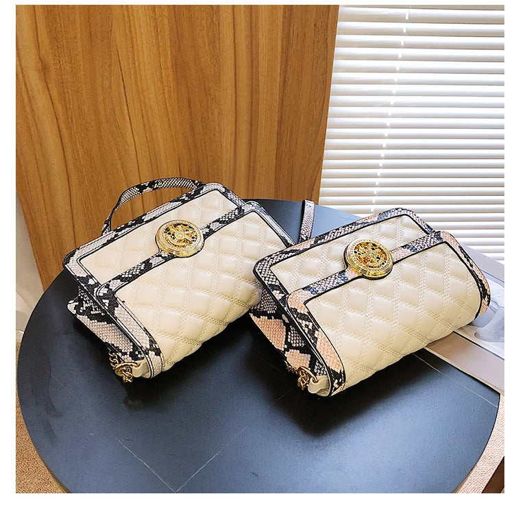 Snake Pattern Cross Body Bag Wooden Clip Vintage Shoulder Bag