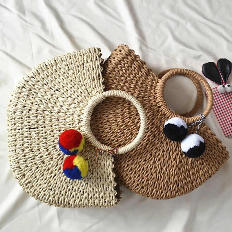 Moon Shaped Summer Handmade Bag with Pompon Beach Weaving