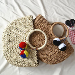 Moon Shaped Summer Handmade Bag with Pompon Beach Weaving