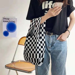 Women's Knitted Shoulder Tote Bag Plaid Striped Underarm Bag