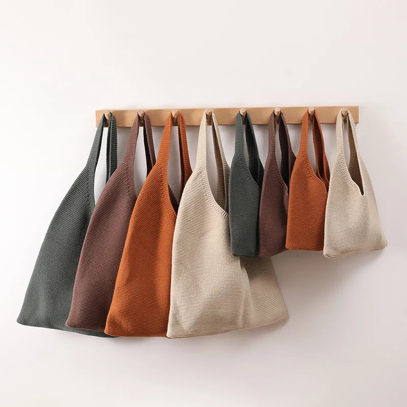 Lady Knitting Woolen Tote Bag Crochet Shopper Top-handle Handbag