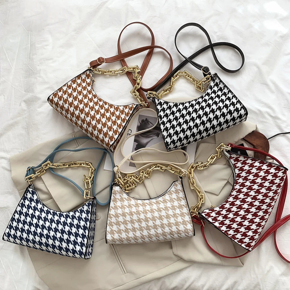 Vintage Houndstooth Chain Hobo Tote Bag