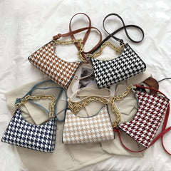 Vintage Houndstooth Chain Hobo Tote Bag