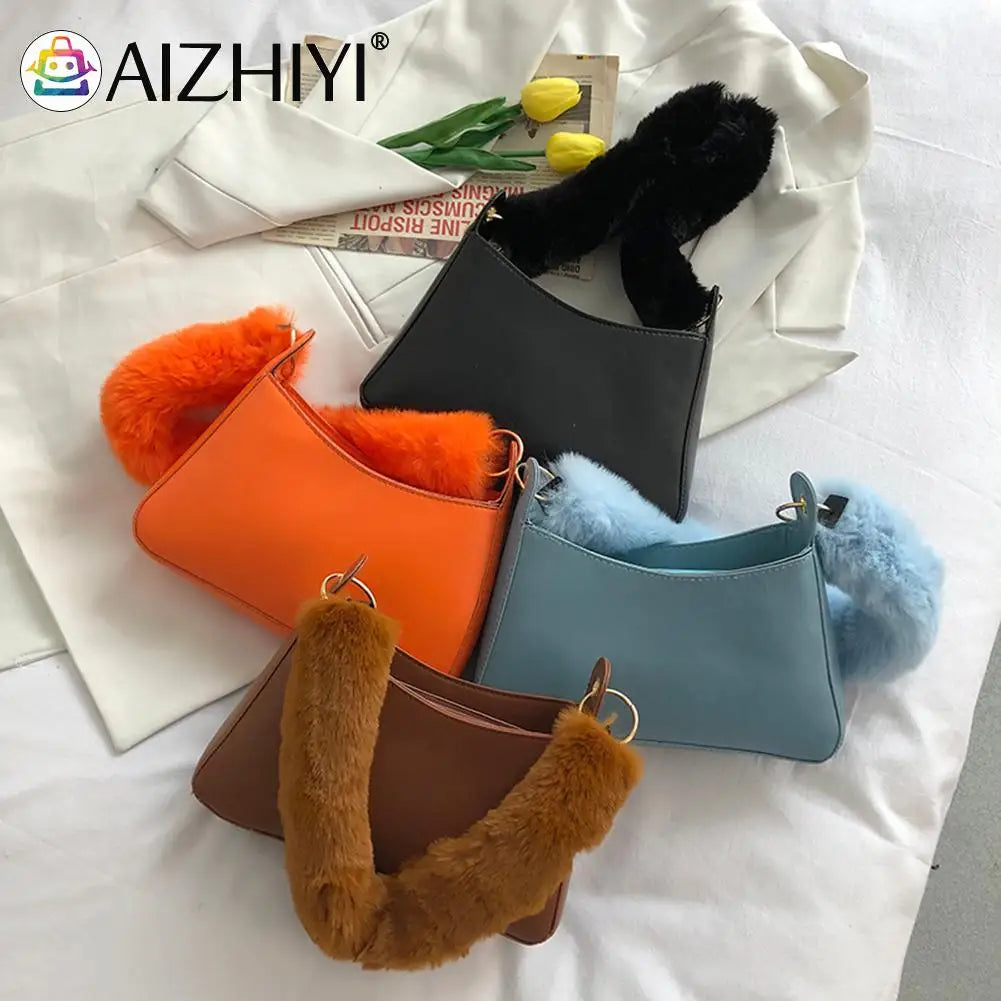 Lady Winter Shoulderbag Women Autumn Winter PU Leather Soft Plush Handle