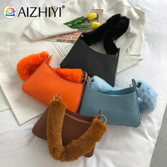 Lady Winter Shoulderbag Women Autumn Winter PU Leather Soft Plush Handle