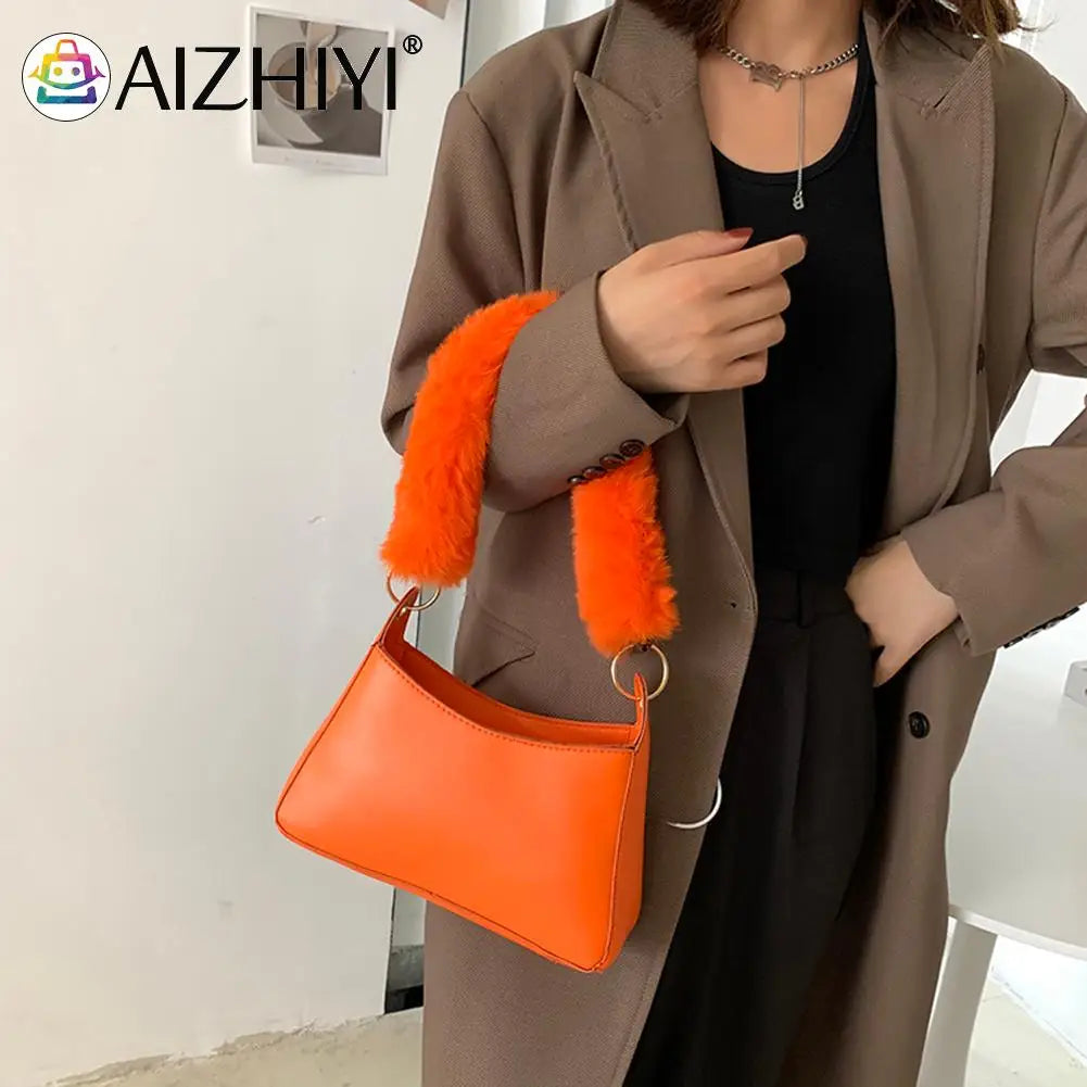 Lady Winter Shoulderbag Women Autumn Winter PU Leather Soft Plush Handle