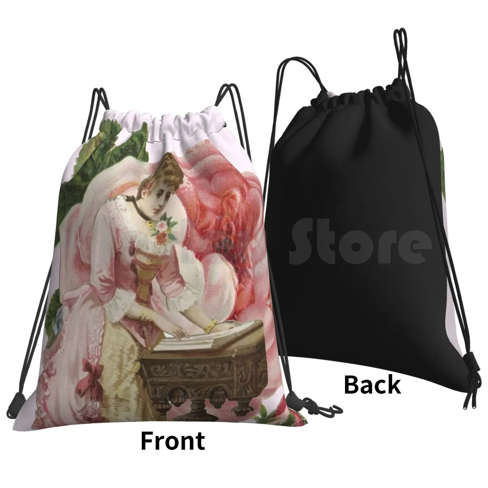 Pink Rose Backpack Drawstring Gym Bag Waterproof Vintage