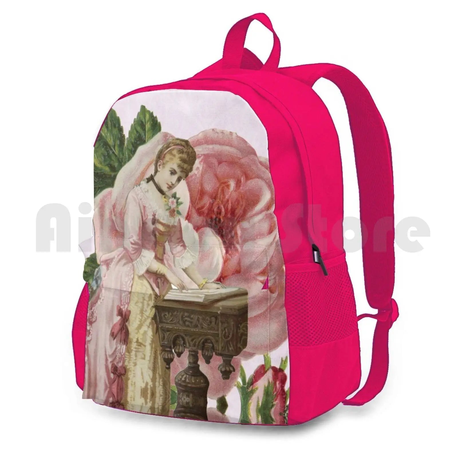 Pink Rose Vintage Lady Hiking Backpack Waterproof