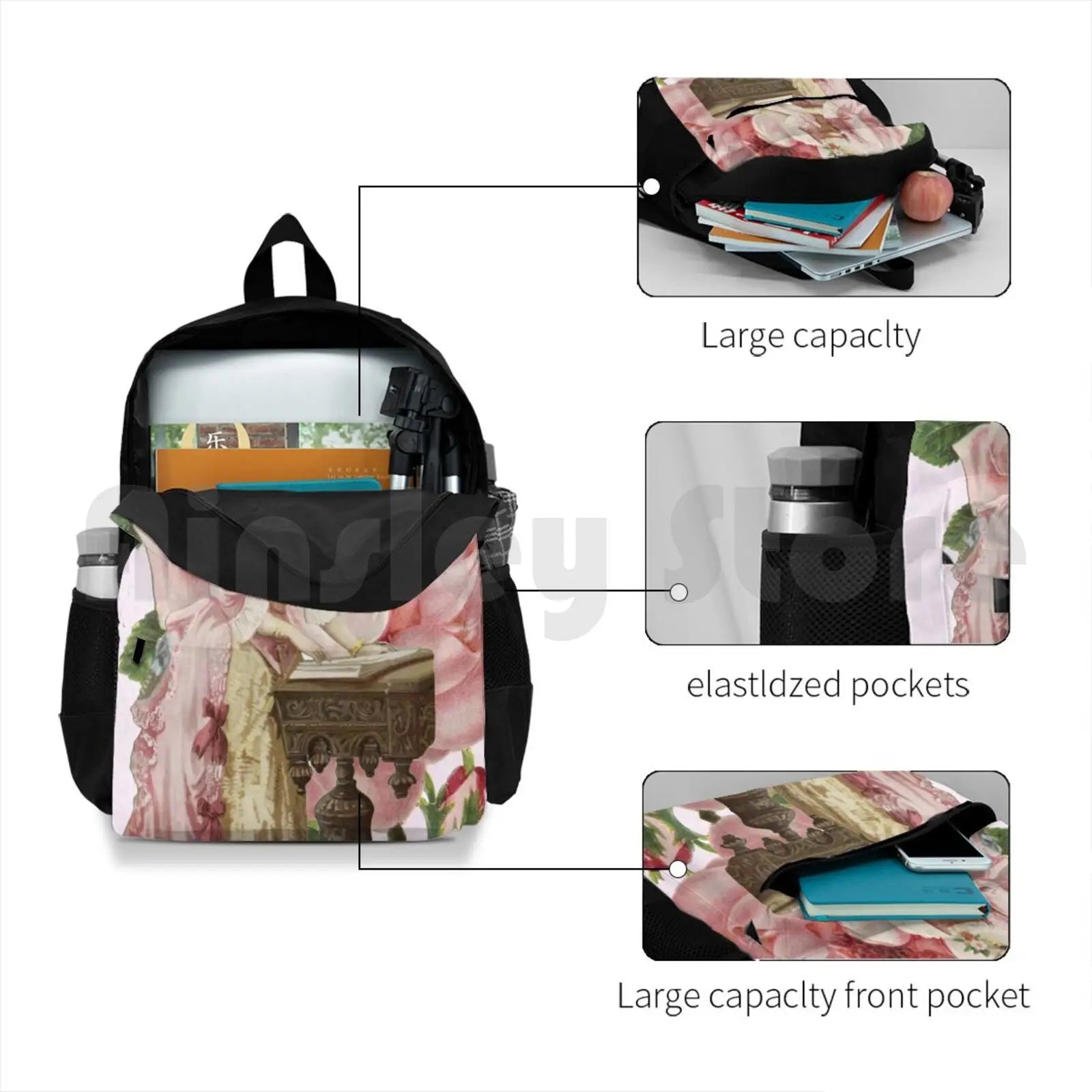 Pink Rose Vintage Lady Hiking Backpack Waterproof
