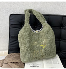 Lamb Fabric Women's Shoulder Bags Large Capacity Embroidery Handbag