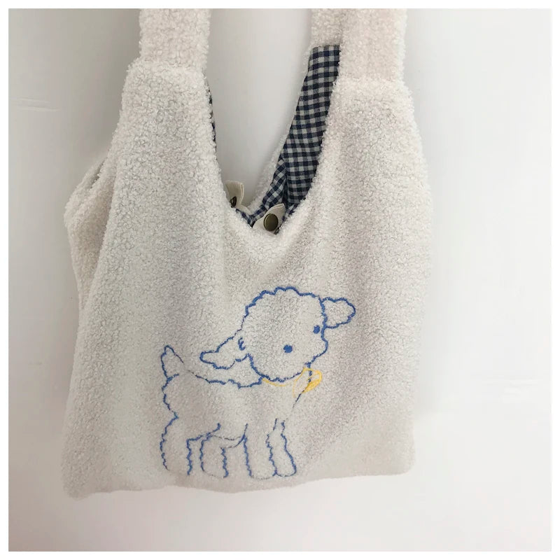Embroidered Lamb Fabric Shoulder Bag Large Capacity
