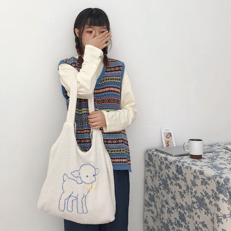 Embroidered Lamb Fabric Shoulder Bag Large Capacity
