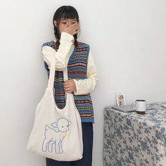 Embroidered Lamb Fabric Shoulder Bag Large Capacity