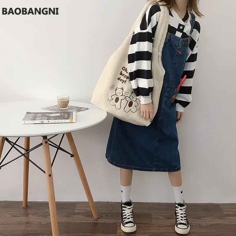 Plush Canvas Shoulder Bag for Women Soft Tote Shopping Bag
